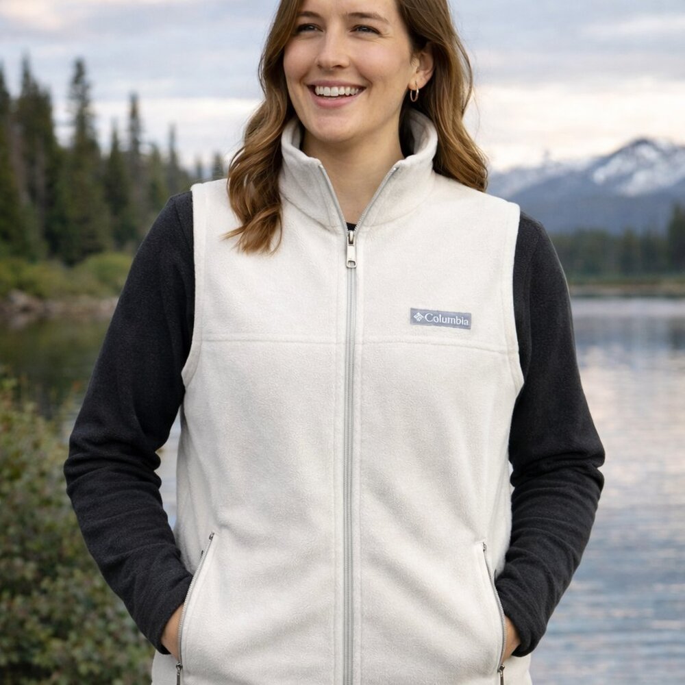Columbia Sawyer Rapids Fleece Vest Womens Medium White Soft Cozy Outdoor Zip Up
